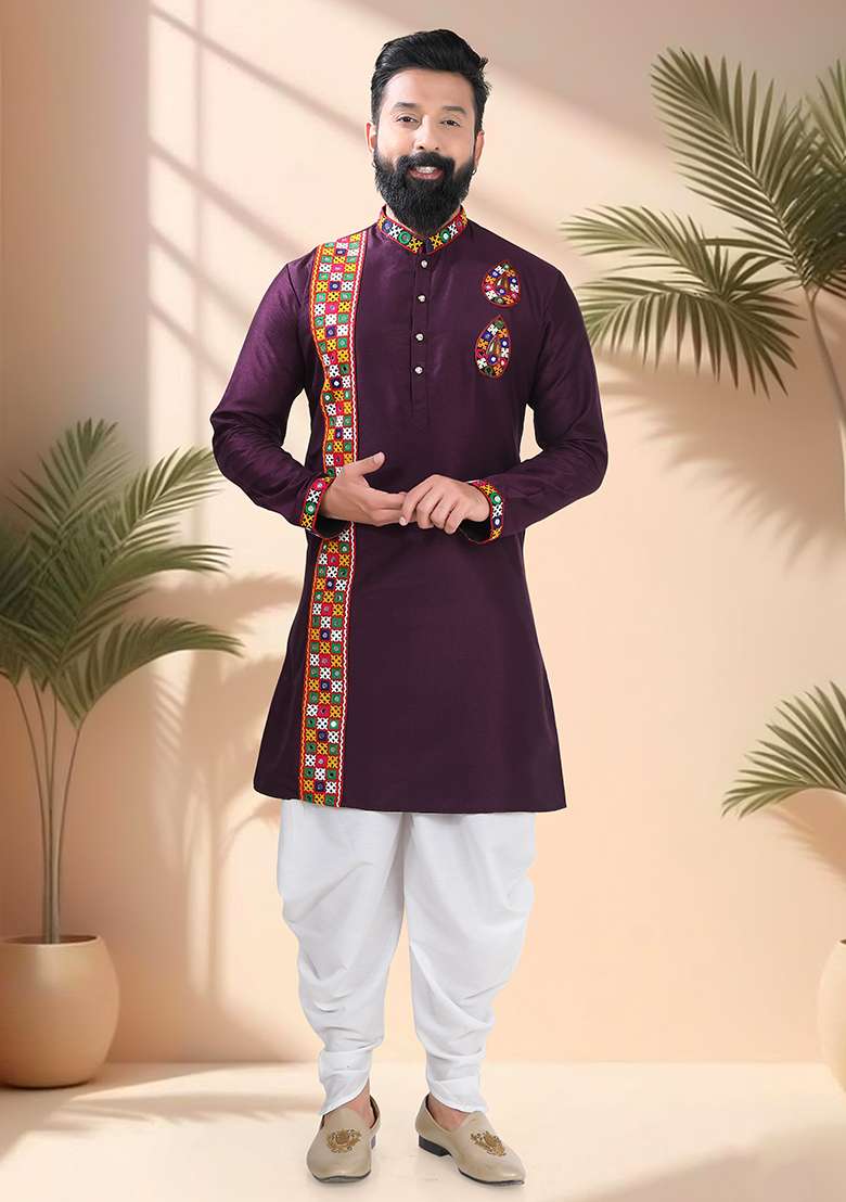 Wine Embroidery Silk Kurta For Men - Indya