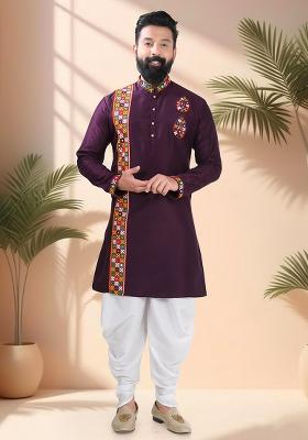 Wine Embroidery Silk Kurta Set For Men