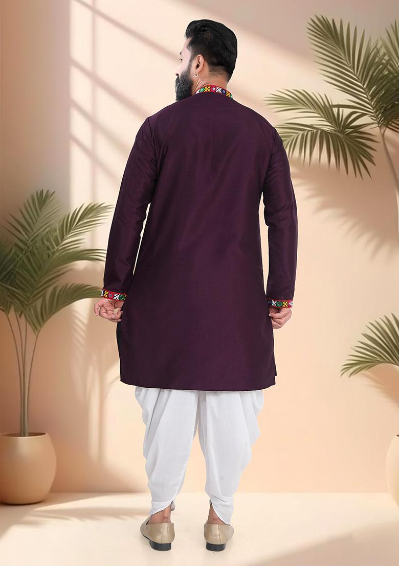 Wine Embroidery Silk Kurta Set For Men - Indya