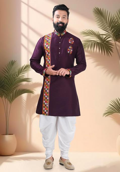Wine Embroidery Silk Kurta Set For Men