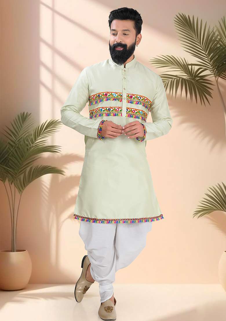 Green Embroidery Silk Kurta For Men - Indya