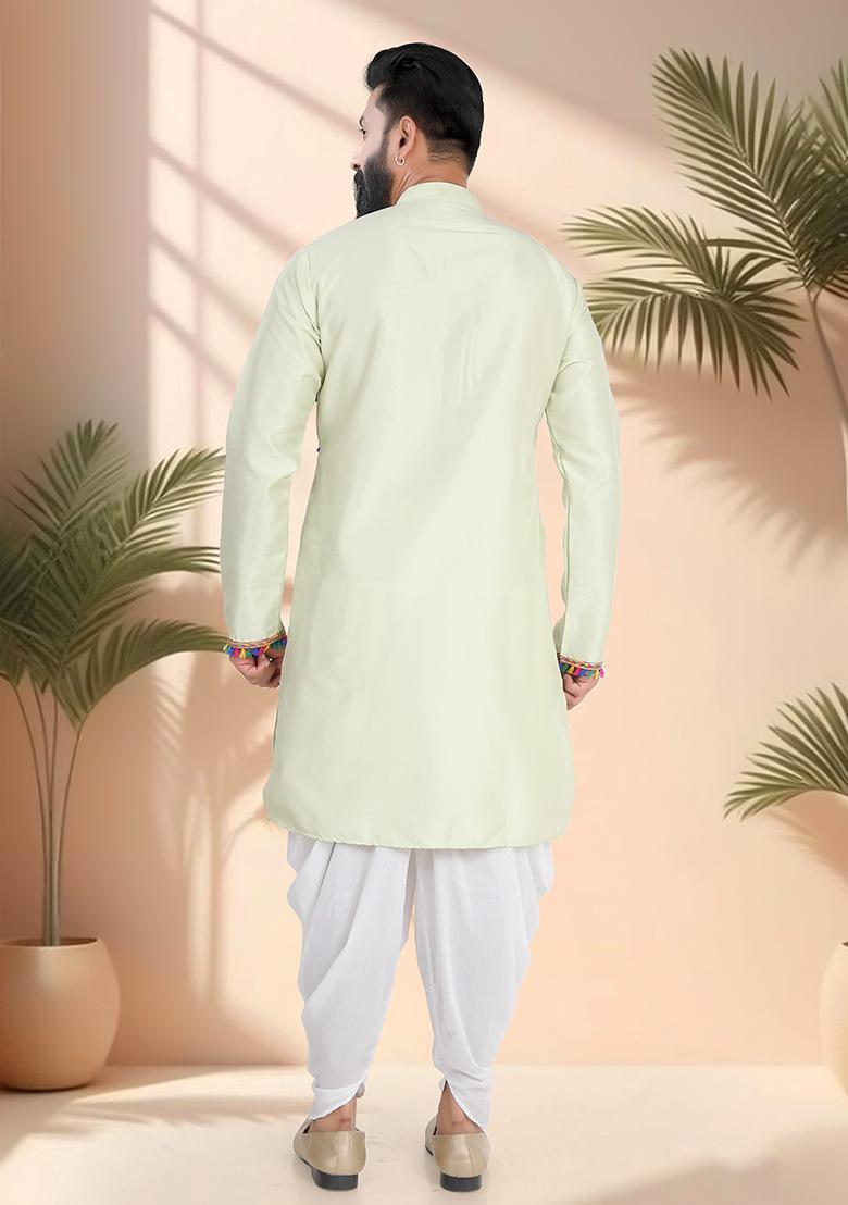 Green Embroidery Silk Kurta For Men - Indya