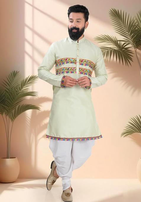 Green Embroidery Silk Kurta For Men