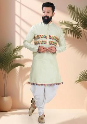 Green Embroidery Silk Kurta Set For Men