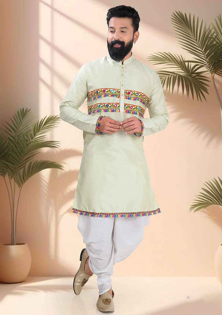 Green Embroidery Silk Kurta Set For Men - Indya