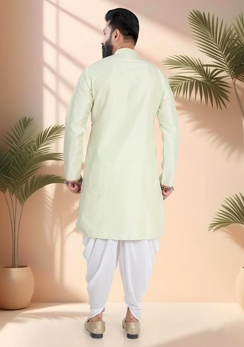 Green Embroidery Silk Kurta Set For Men - Indya