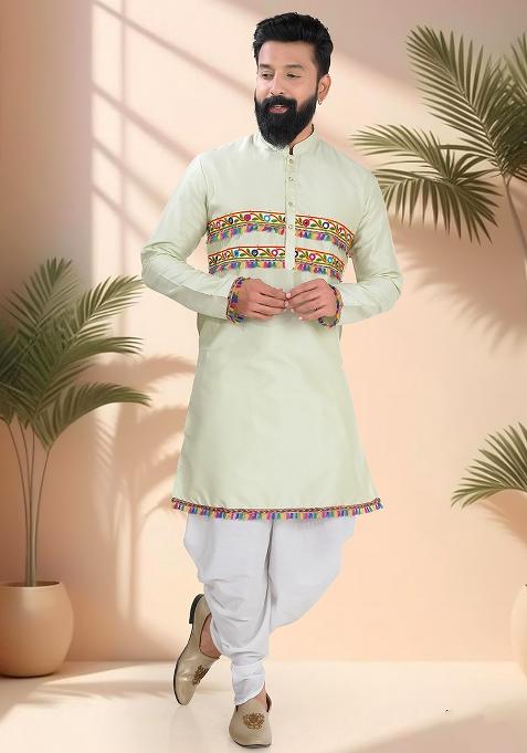 Green Embroidery Silk Kurta Set For Men