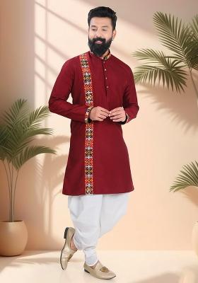 Maroon Embroidery Silk Kurta For Men