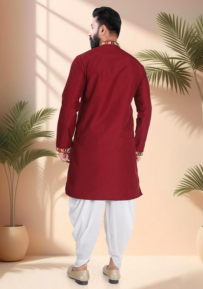 Maroon Embroidery Silk Kurta For Men - Indya