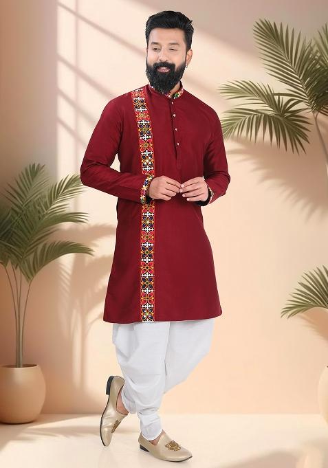 Maroon Embroidery Silk Kurta For Men
