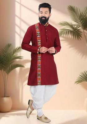 Maroon Embroidery Silk Kurta Set For Men