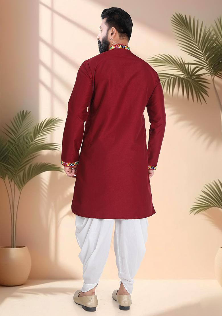 Maroon Embroidery Silk Kurta Set For Men - Indya