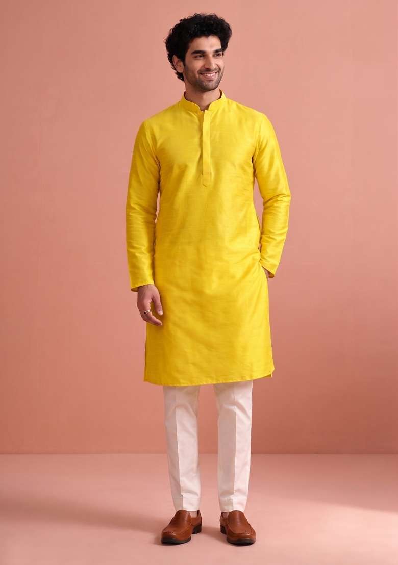 Yellow Solid Silk Kurta Pajama For Men - Indya