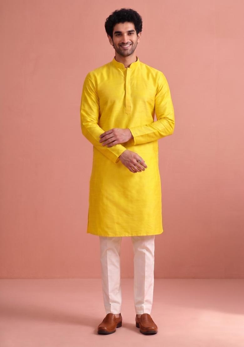 Yellow Solid Silk Kurta Pajama For Men - Indya