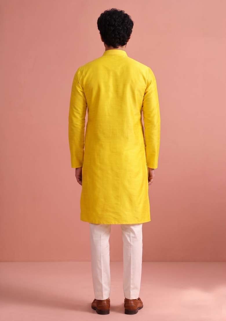 Yellow Solid Silk Kurta Pajama For Men - Indya