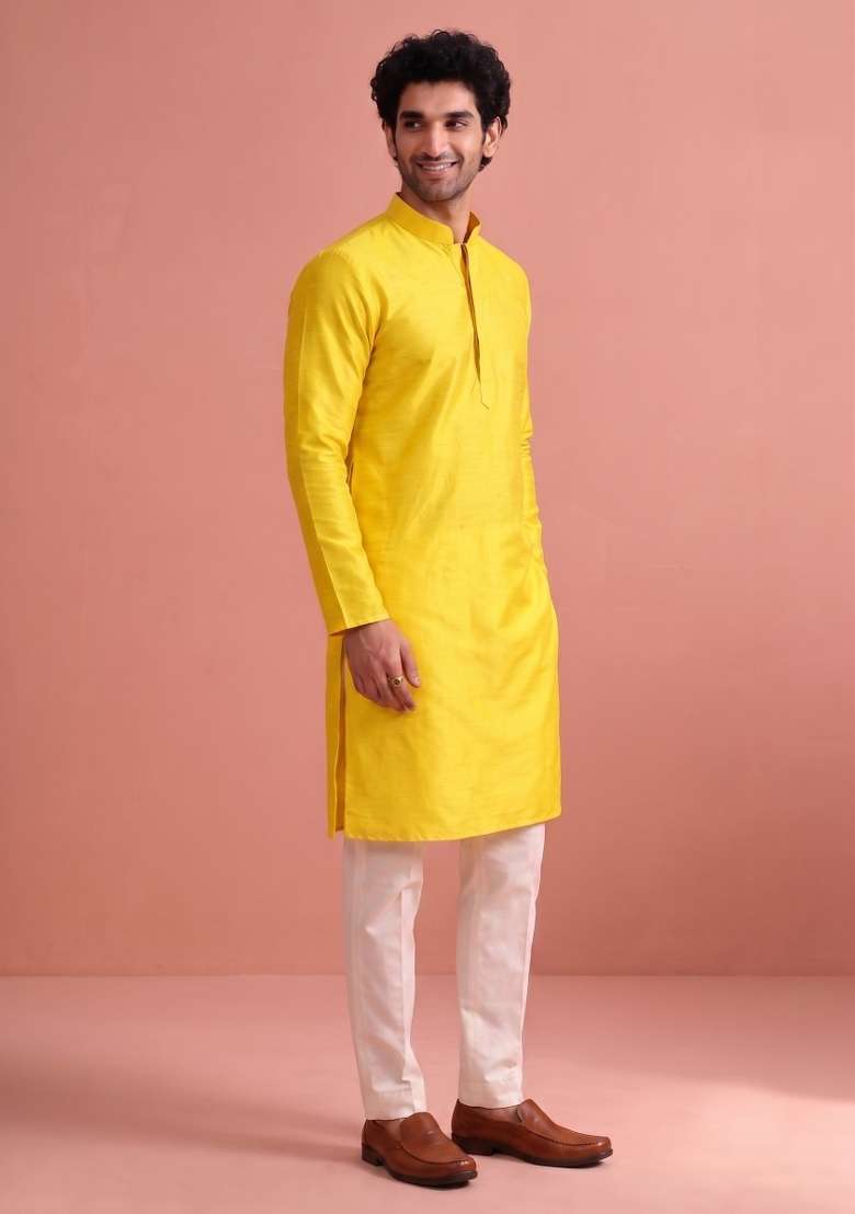 Yellow Solid Silk Kurta Pajama For Men - Indya