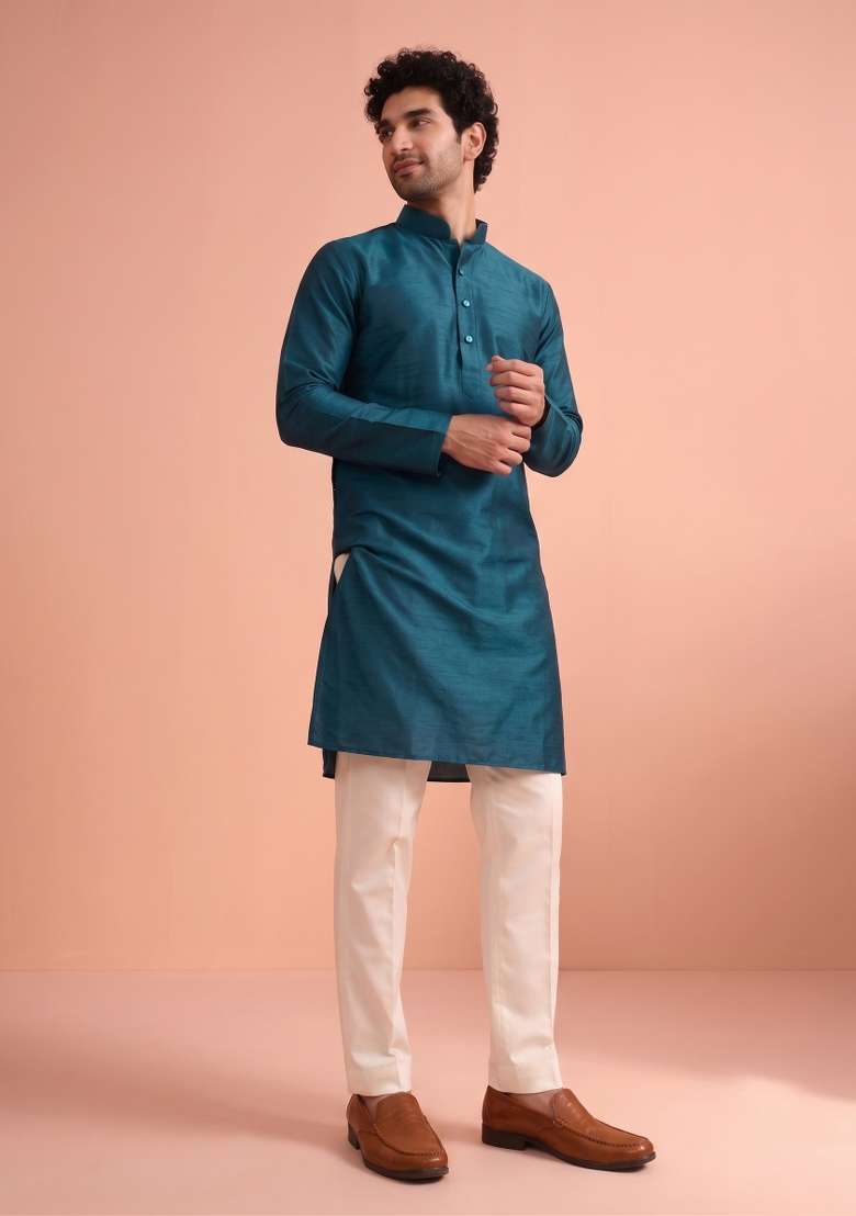 Blue Solid Silk Kurta Pajama For Men - Indya