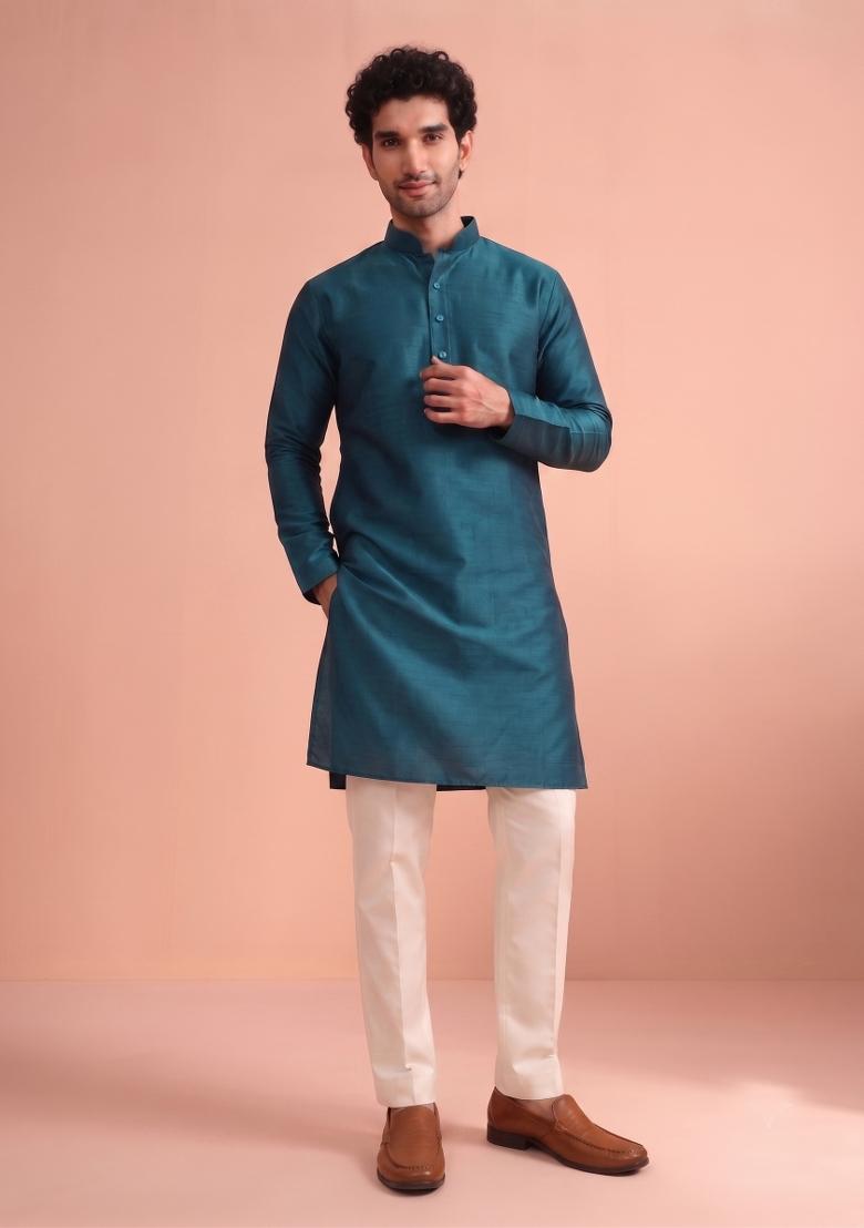 Blue Solid Silk Kurta Pajama For Men - Indya