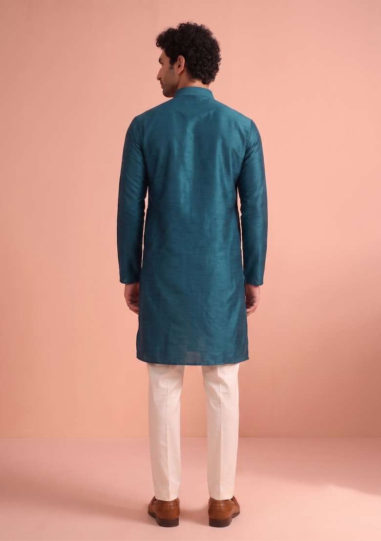 Blue Solid Silk Kurta Pajama For Men - Indya