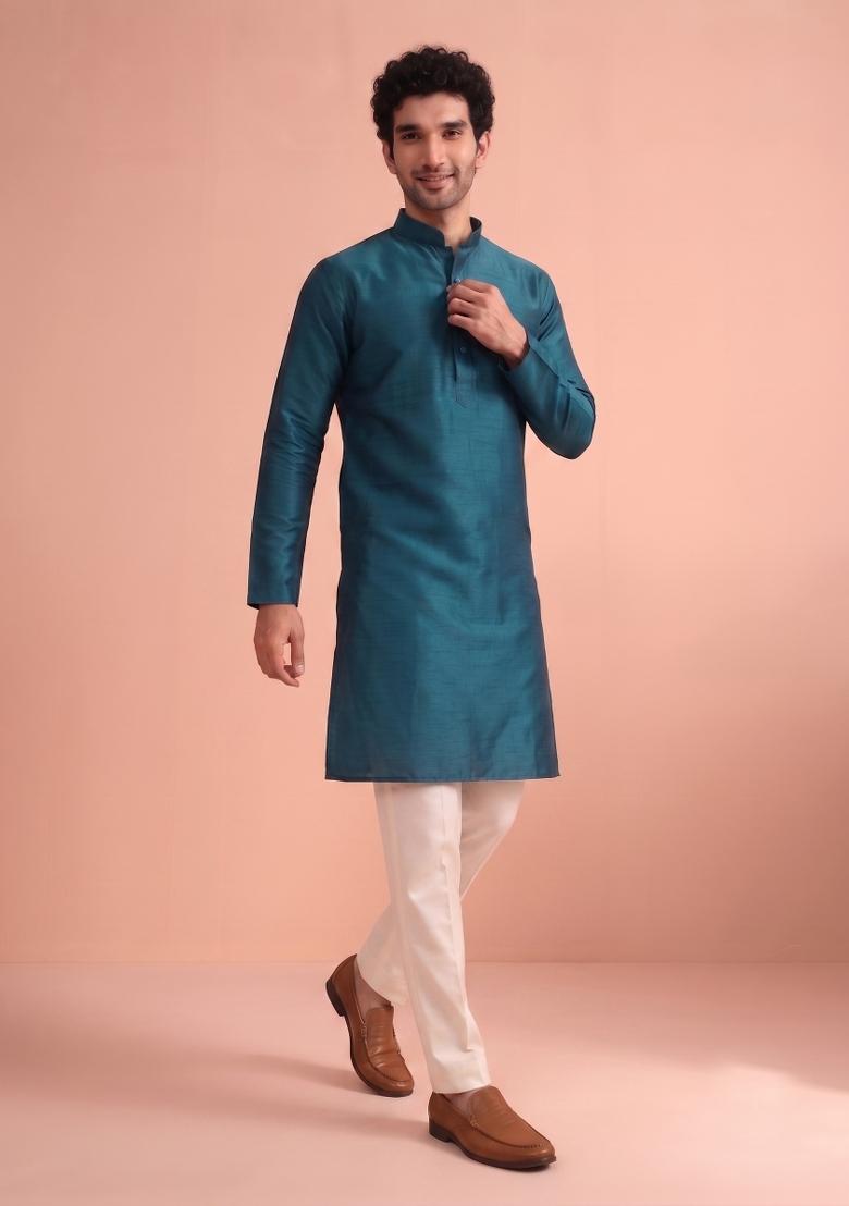 Blue Solid Silk Kurta Pajama For Men - Indya