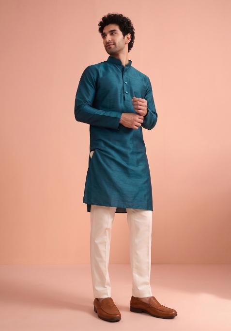 Blue Solid Silk Kurta Pajama For Men