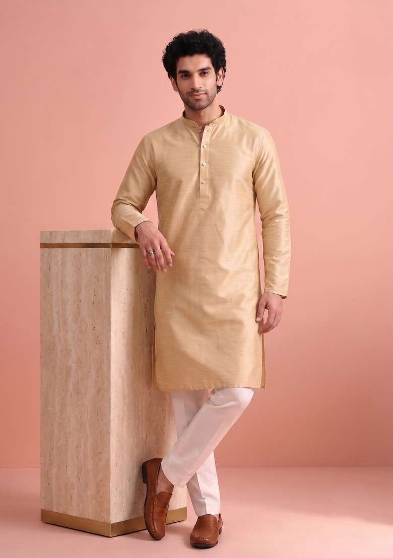 Golden Beige Solid Silk Kurta Pajama For Men - Indya