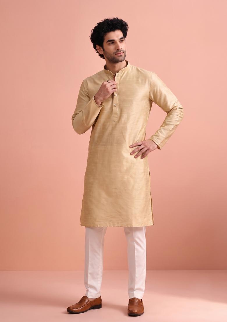Golden Beige Solid Silk Kurta Pajama For Men - Indya