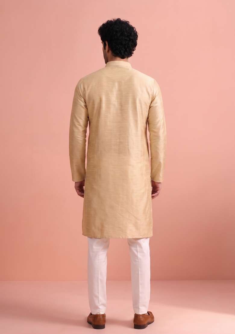 Golden Beige Solid Silk Kurta Pajama For Men - Indya