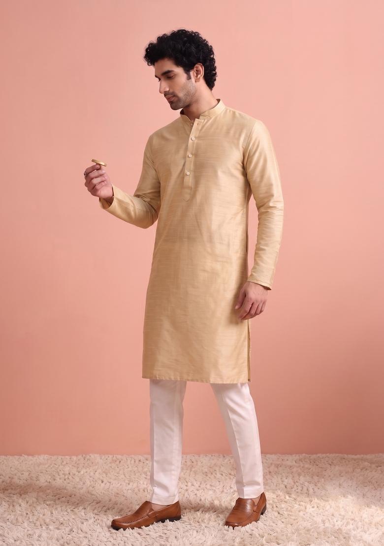 Golden Beige Solid Silk Kurta Pajama For Men - Indya