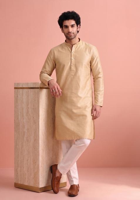 Golden Beige Solid Silk Kurta Pajama For Men