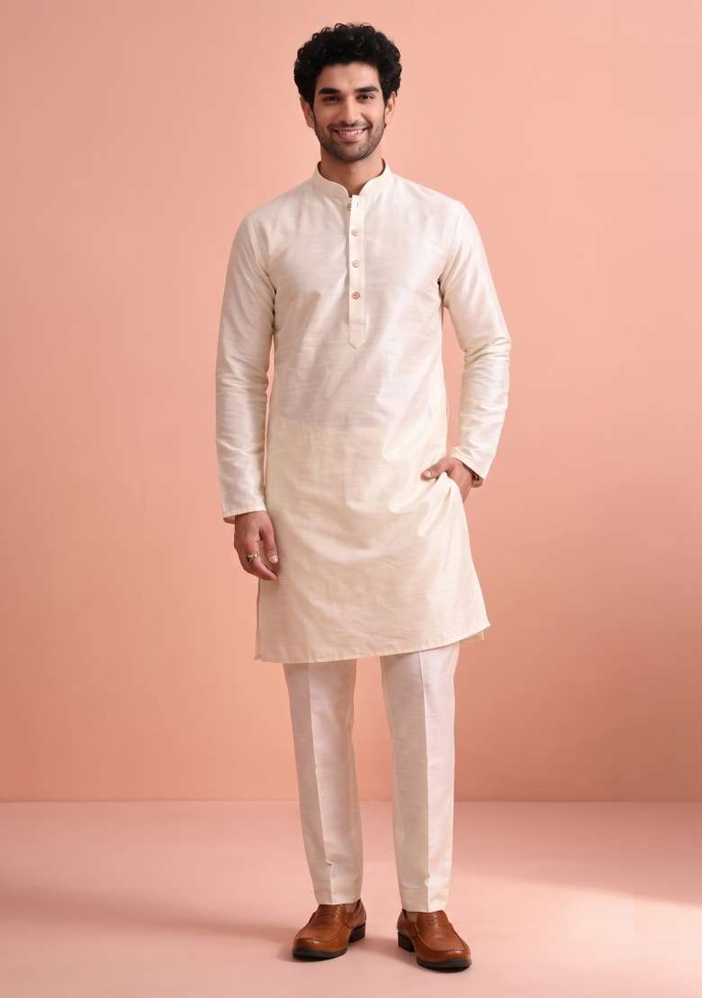Cream Solid Silk Kurta Pajama For Men - Indya