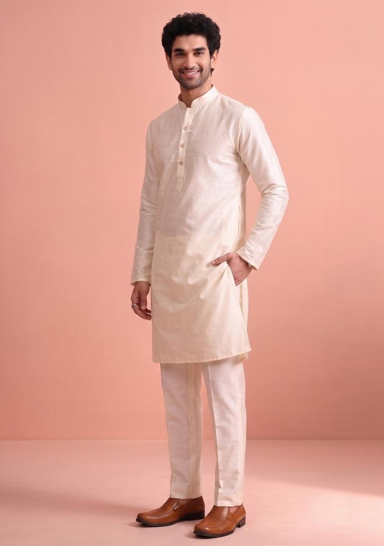 Cream Solid Silk Kurta Pajama For Men - Indya
