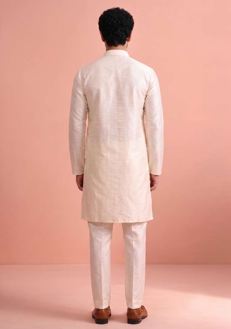 Cream Solid Silk Kurta Pajama For Men - Indya