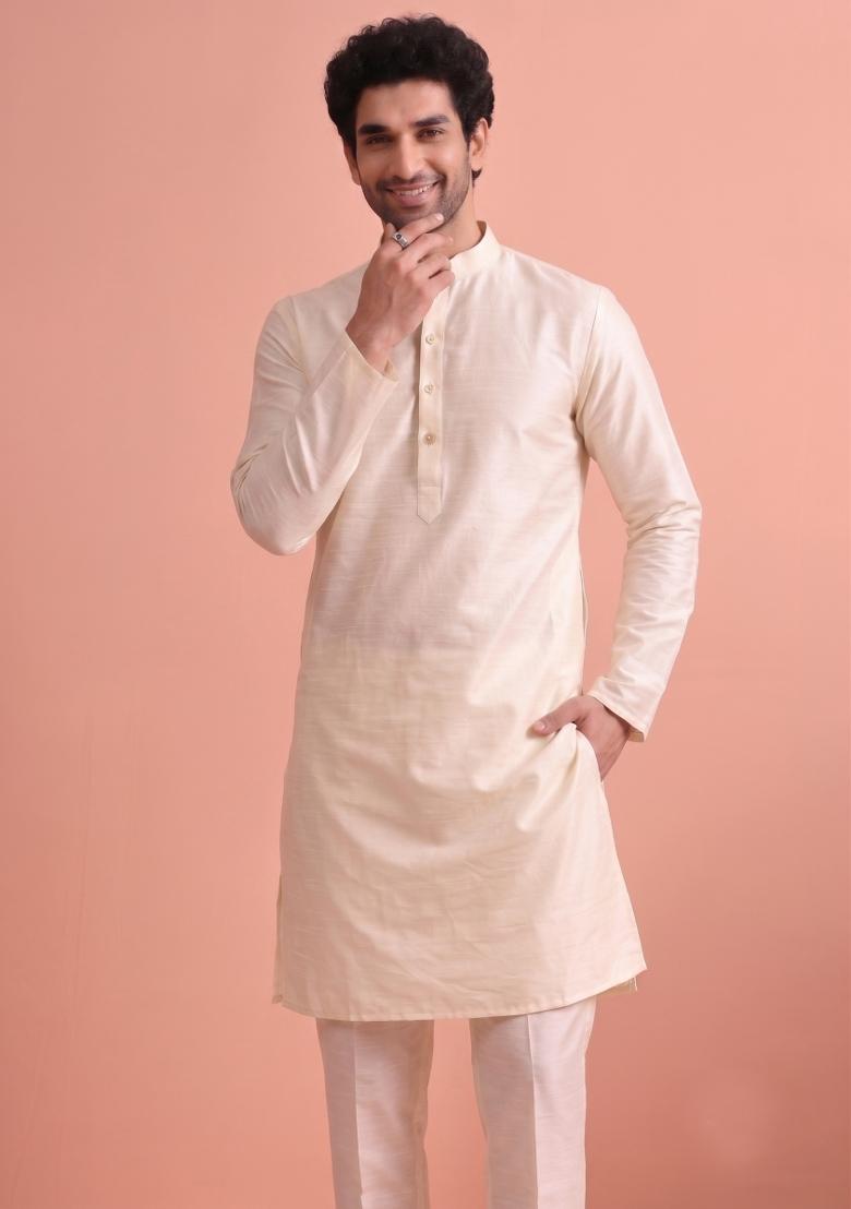 Cream Solid Silk Kurta Pajama For Men - Indya