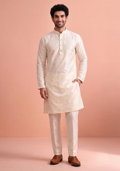 Cream Solid Silk Kurta Pajama For Men