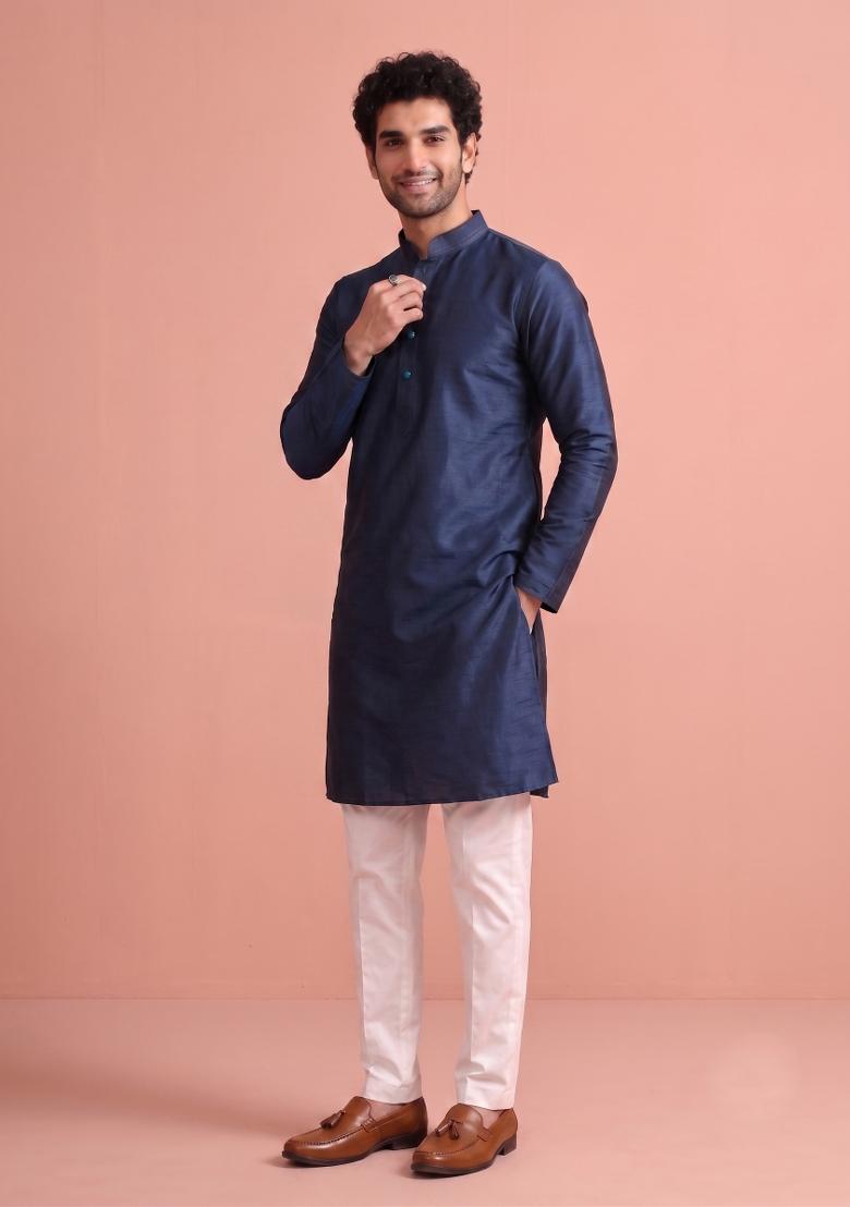 Nevy Blue Solid Silk Kurta Pajama For Men - Indya