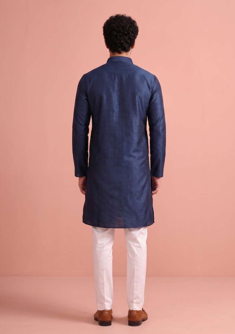 Nevy Blue Solid Silk Kurta Pajama For Men - Indya