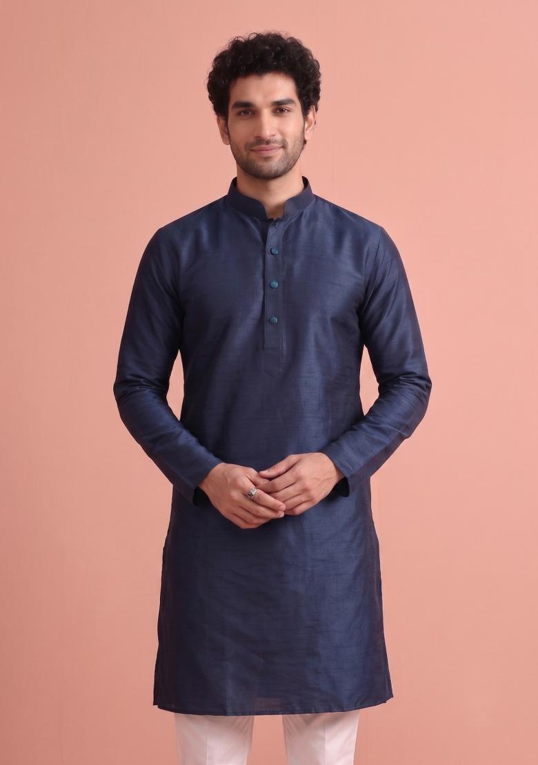 Nevy Blue Solid Silk Kurta Pajama For Men - Indya