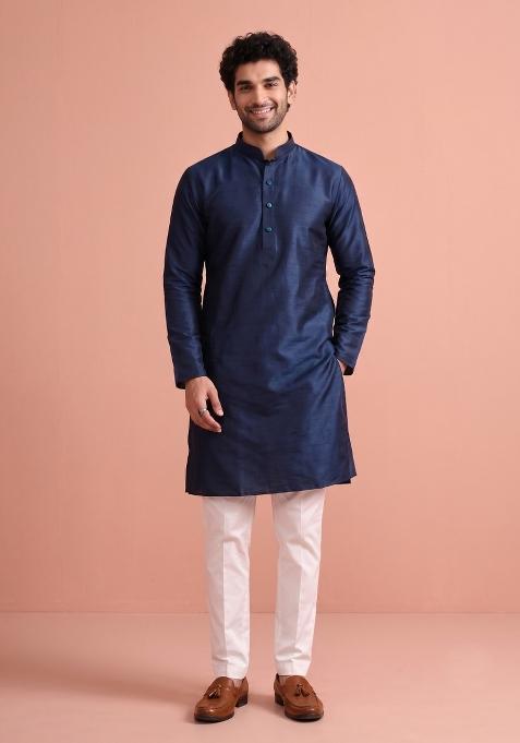 Nevy Blue Solid Silk Kurta Pajama For Men