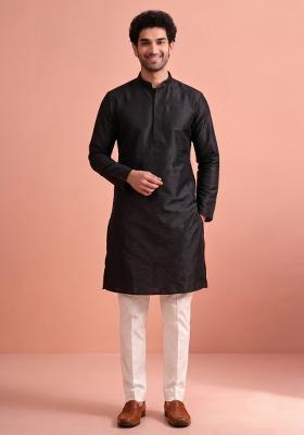 Black Solid Silk Kurta Pajama For Men