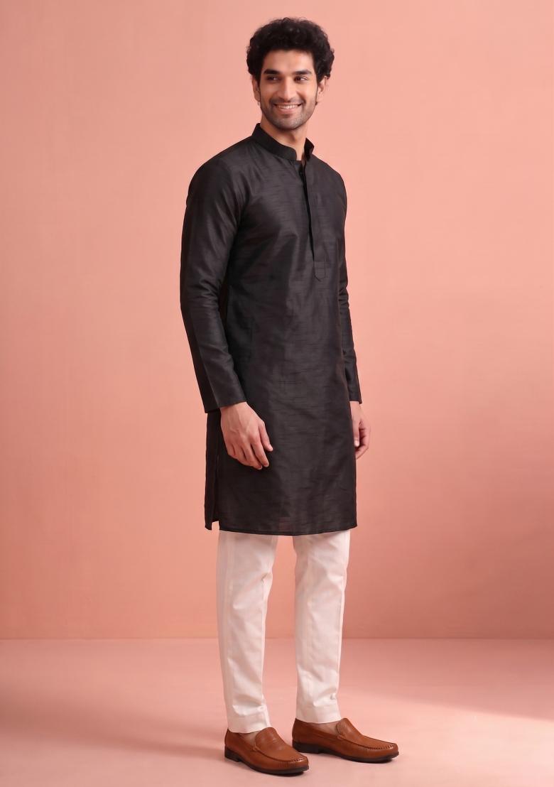 Black Solid Silk Kurta Pajama For Men - Indya