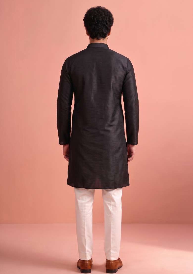Black Solid Silk Kurta Pajama For Men - Indya