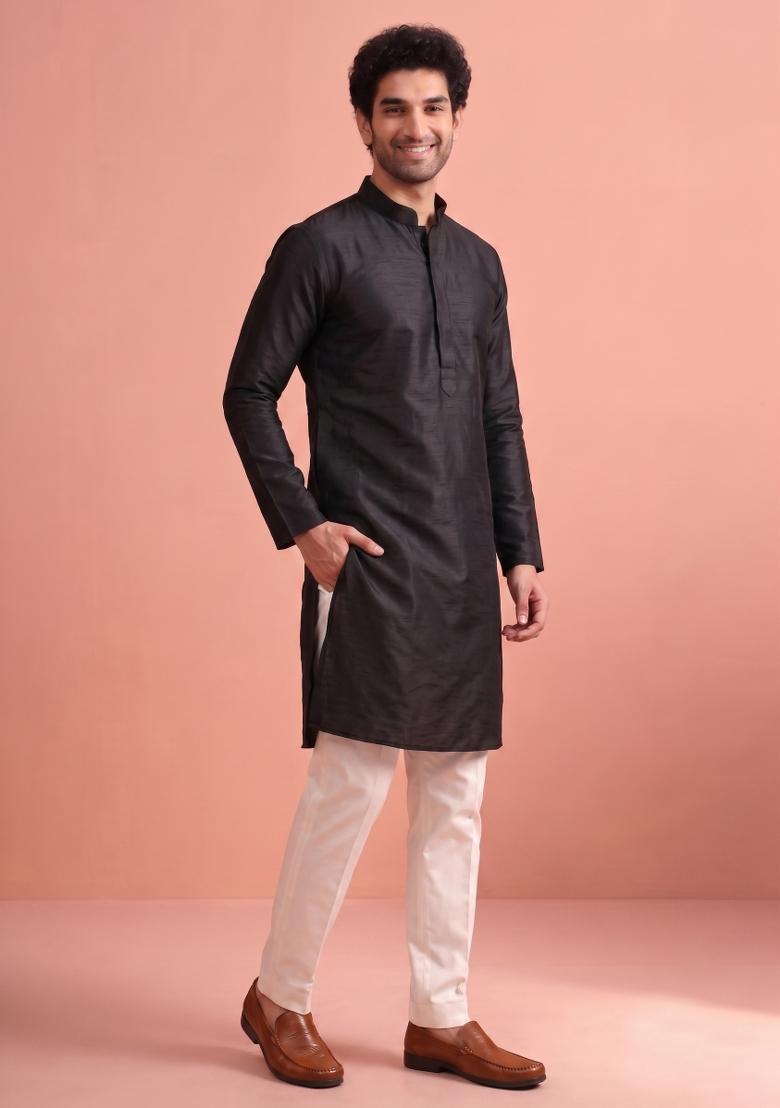 Black Solid Silk Kurta Pajama For Men - Indya