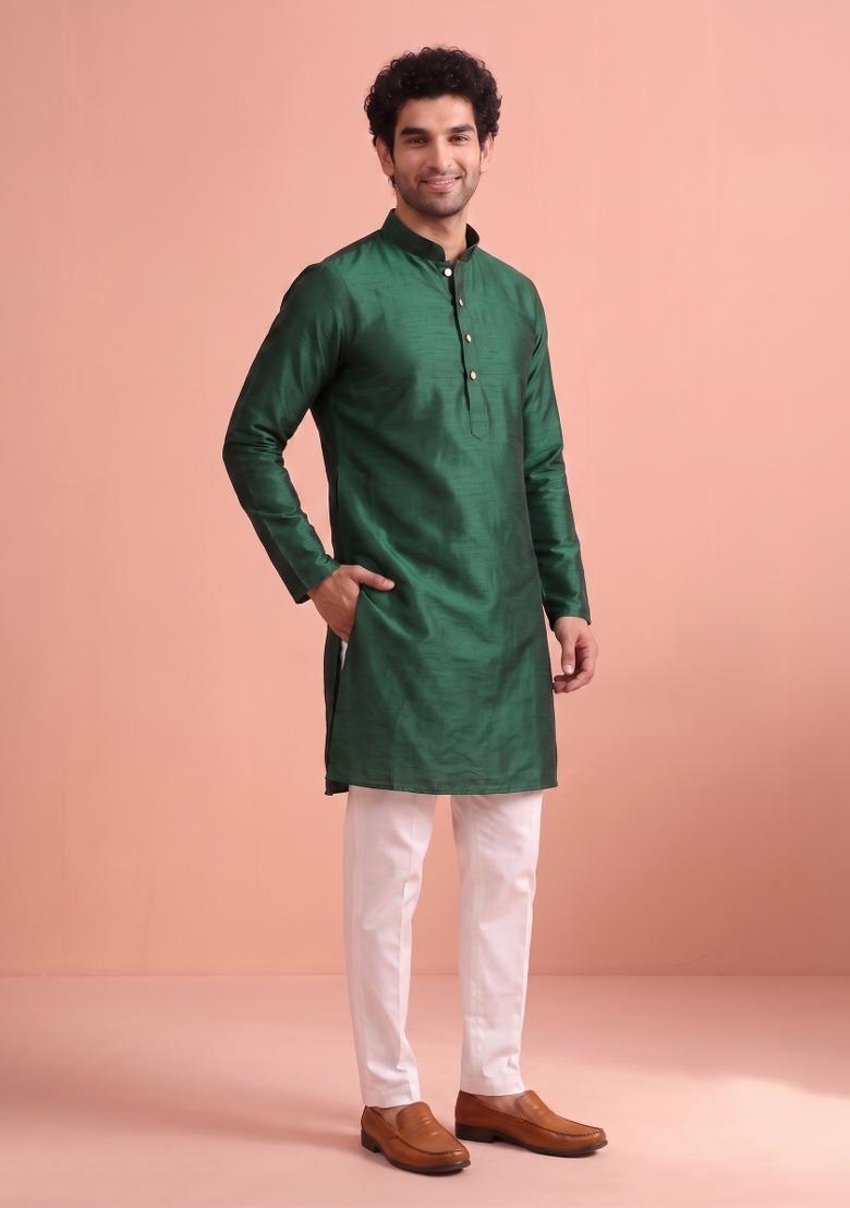 Green Solid Silk Kurta Pajama For Men - Indya
