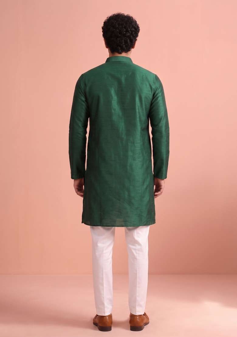 Green Solid Silk Kurta Pajama For Men - Indya