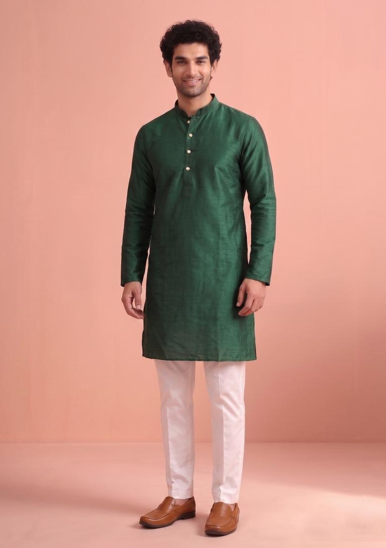 Green Solid Silk Kurta Pajama For Men - Indya
