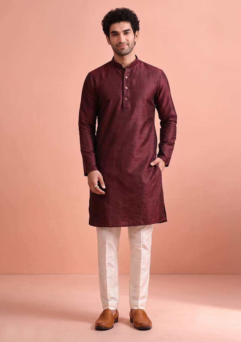 Maroon Solid Silk Kurta Pajama For Men - Indya