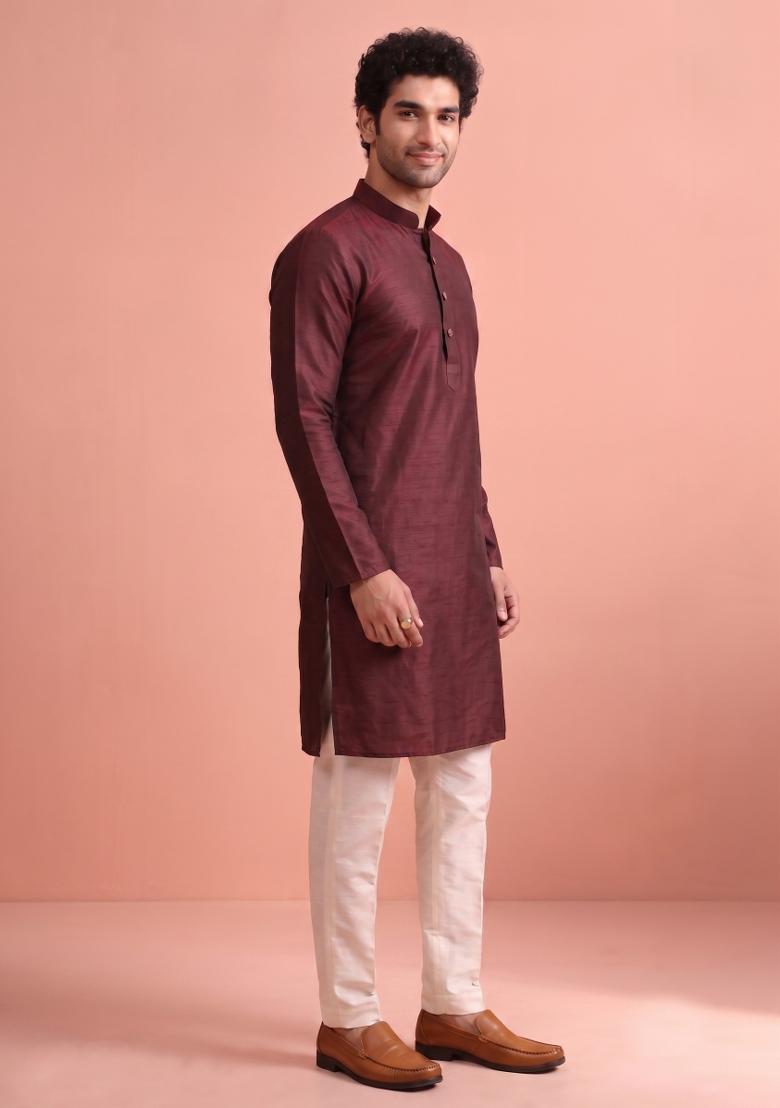 Maroon Solid Silk Kurta Pajama For Men - Indya