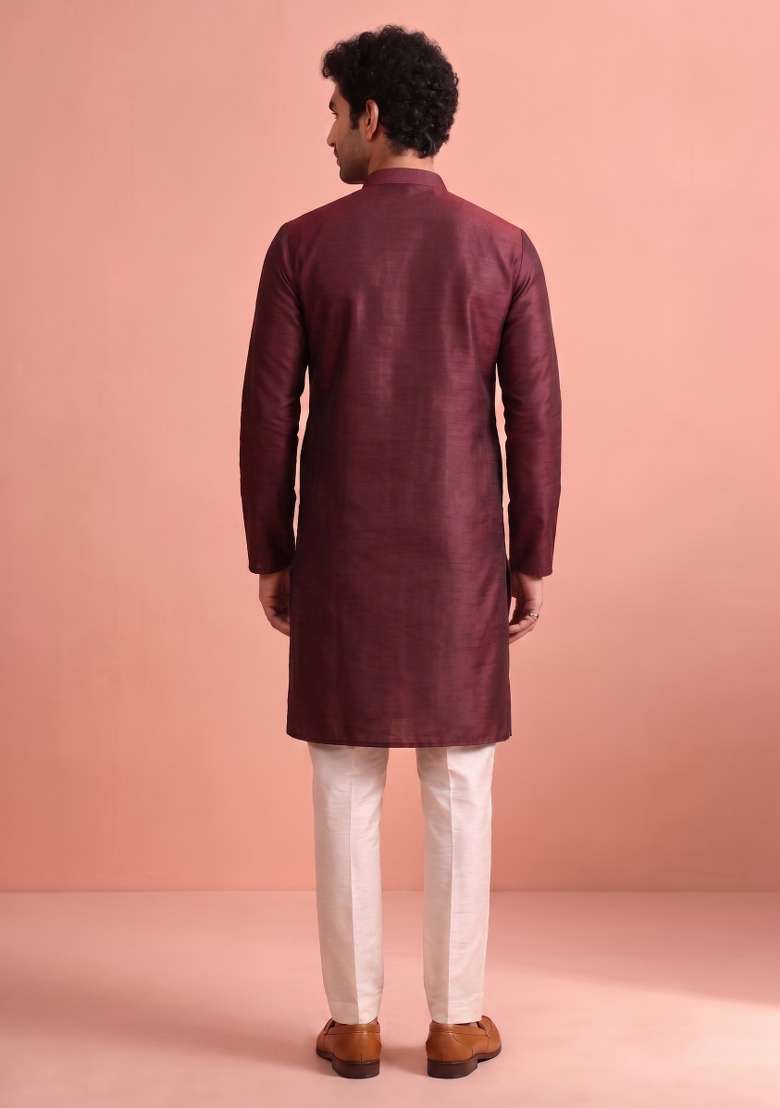 Maroon Solid Silk Kurta Pajama For Men - Indya