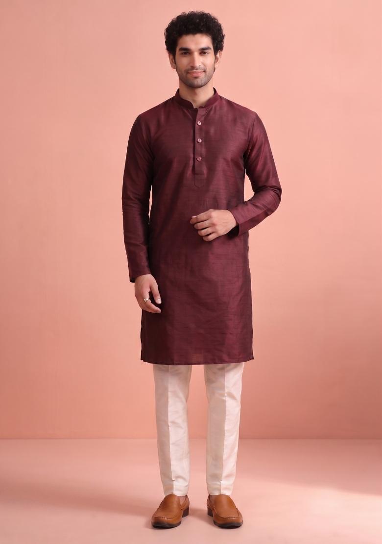 Maroon Solid Silk Kurta Pajama For Men - Indya